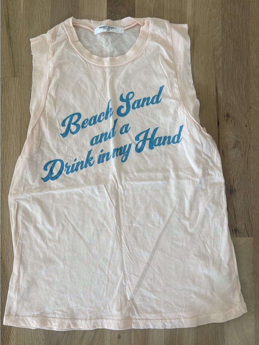 Vici Pale Pink Sleeveless Tank with Blue Script Graphic